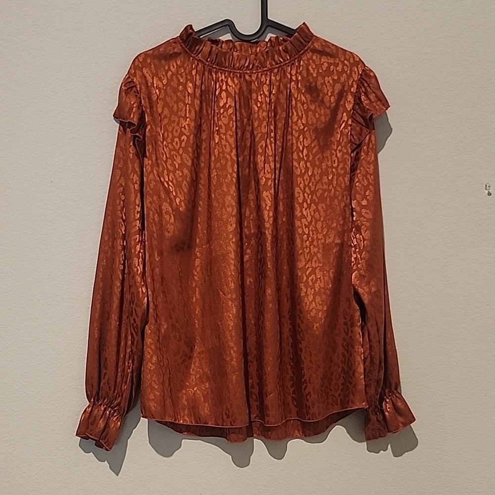 Women's Satin Ruffle-Neck Blouse - Rust